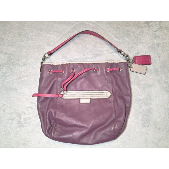 Coach Purse Handbag Plum Leather Biege Trim Pink Straps G1361-F25662 - Picture 1 of 10